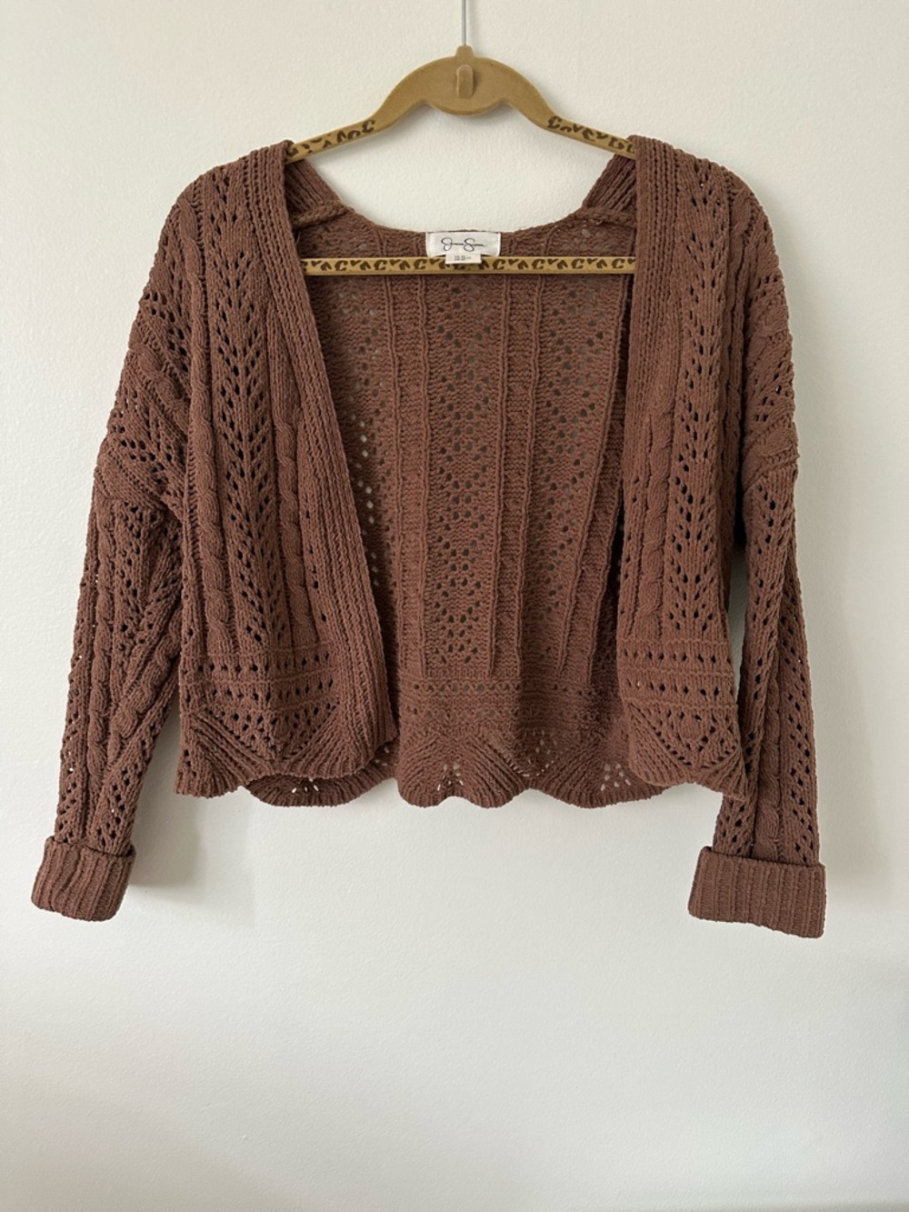 Jessica Simpson Cropped Open-Front Crochet Cardigan - Brown